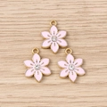 Pink floral pendants with gold finish and rhinestones for DIY jewelry making - 10 Pieces Pack / Pink