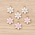 Fashion flower pendants with rhinestones in white and pink enamel for DIY jewelry making - 10 Pieces Pack / Multicolor