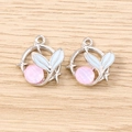 Detailed view of silver mermaid tail charms with pink crystal and blue enamel accents - Fish Tail Pendant / 5 Pieces / Silver Pink Blue