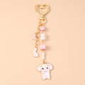 Porte-clés chien en émail rose et lapin blanc avec anneau cœur et perles pastels - Chien Lapin Rose