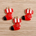 Detail of red enamel Christmas stocking charms with golden snowflake and hook - 10 Pieces Pack / Red and White Enamel Christmas Sock