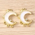 Detail of crescent moon jewelry charms with white pearl inlay and tiny zircon accents - Multi-hanging Gold White
