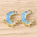 Detailed view of gold crescent moon charms with blue resin and three link loops - Double-hanging Loop Style / 5 Pieces / Gold Blue