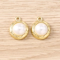 Detailed view of circular gold alloy pendants with faux pearl inlay and grid pattern texture - Quilted Round Style / 5 Pieces / Gold