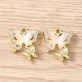 Detail of pink iridescent butterfly charms with gold metal frame and white rhinestones - Double Butterfly / 5 Pieces / Gold Pink
