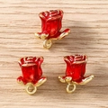Close-up of red rose flower charms with golden alloy base for DIY jewelry making - Small Rose (Gold) / 5 Pieces