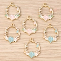 Enamel flower wreath pendants with rhinestones on wood background for DIY jewelry making - 10 Pieces Pack / Multicolor