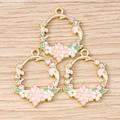 Floral wreath charms with pink enamel and sparkling rhinestones for DIY jewelry making - 10 Pieces Pack / Pink