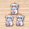 Cartoon pug dog alloy pendants with blue finish and purple book for DIY jewelry making - Pug Dog Reading / 10 Pieces Pack / Blue