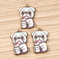 Three cute pug dog charms with milk tea cups and gold loops for DIY jewelry making - Pug Dog Drinking / 10 Pieces Pack / White