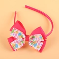 Pink Easter headband for girls with double bow featuring chick and egg prints - Rose Red