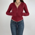 Slim fit burgundy ribbed zip-up hoodie for women with Y2K vintage short cropped style - XS / Burgundy