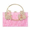 Pink marble acrylic evening clutch bag with golden floral metal handle and crystals - Pink