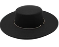 Classic black wool felt boater hat with minimalist gold metal ring accessory - 56-58cm / Black Flat Top Wide Brim Felt Hat with Gold Ring Decoration (AB311)
