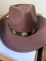 Brown wool felt cowboy hat with vintage leather band and brass floral metal ornaments - 56-58cm / Dark Brown Wide Brim Cowboy Hat with Metal Flower Leather Belt (AB312)