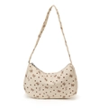 Corduroy hobo bag in cream with brown heart and bow patterns for women - White Bow / 24*6*15cm