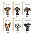Set of 12 Happy Birthday cards featuring six cute cartoon dog designs with envelopes - Cartoon Dog Style (S816)