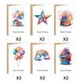 Set of 12 watercolor Happy Birthday cards with 6 unique designs and kraft envelopes - Watercolor Balloon Cake Style (S806)