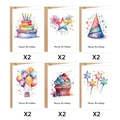 Set of 12 watercolor Happy Birthday cards with 6 unique artistic designs and kraft envelopes - Rainbow Party Illustration Style (S807)