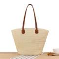 Cream paper straw woven tote bag with brown leather shoulder straps for summer vacation - Beige