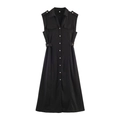 Detail of black sleeveless shirt dress with golden buttons and utility pockets - Black / XS