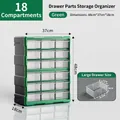 Organizzatore a 18 cassetti verde per ferramenta e mattoncini Lego, misure 48x37x18cm - 18 Griglie / Verde