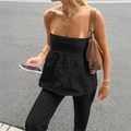 Women's chic black tube top with ruffled hem and matching straight trousers set - XS / Black