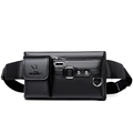 Black PU leather crossbody sports waist bag with silver hardware and adjustable strap - Black