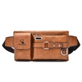 Brown retro PU leather sports waist bag with multiple pockets and adjustable strap - Retro Light Brown
