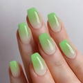 Macro detail of long coffin nails with light green ombre gradient and subtle fine glitter - Cdj-4-130-1ly