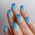 Detail of long coffin press-on nails with blue and white gradient and silver glitter - Cdj-4-60