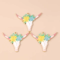 Ciondolo teschio di toro stile western con fiori smaltati e finitura dorata - Confezione da 10 / Testa di Toro Fiore Rosa Giallo