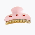 Pink acrylic hair claw clip with red rhinestone cherry charms and gold metal teeth - Cherry Pink