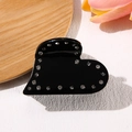 Elegante pinza per capelli a cuore in acetato nero con strass e decoro floreale - Cuore Nero 6cm