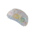 Detail shot of white acetate claw clip featuring colorful rhinestone Yolo lettering - Blue With Red Heart