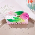 Pince à cheveux mignonne en acrylique imprimé avec motif lapin blanc et tulipe rose - Lapin avec Fleur 8.7cm