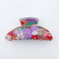 Floral print amber resin hair claw clip with colorful flower patterns for women - Purple
