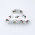 Schicker Acryl-Haarclip mit Regenbogen- und Wolkenprint auf weißer Perlen-Textur - Regenbogen Wolken Stil