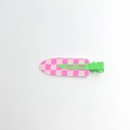 Pink and white checkered duckbill hair clip with glitter finish and green metal base - Pink Plaid