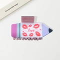 Pink pencil shaped hair claw clip with love lettering and red lip prints pattern - Love Lip Print Style (E)