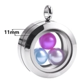 Vue latérale du pendentif médaillon en acier inoxydable de 11mm avec des perles flottantes - Surface Lisse (Couleur Acier) / 25mm