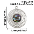 Détail d'un pendentif rond en acier inoxydable avec nacre d'ormeau et motifs de feuilles - Base Argentée Coquille d'Abalone Bordure Tressée (S3252-S-B)