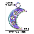 Detailed view of rainbow crescent moon pendant with blue and yellow crystals and dimensions - Rainbow
