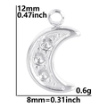 Detail view of 12x8mm silver crescent moon pendant with rhinestones and dimensions - Steel