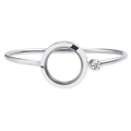 Silver stainless steel open bangle with 25mm round glass locket and inlaid crystal gem - Thin Plain Style