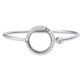 Silver open bangle with pave-set rhinestones and a 25mm glass locket design - Thin Rhinestone Style