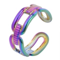 Macro detail of rainbow iridescent chain link design on an adjustable steel open ring - Colorful