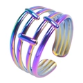 Rainbow plated stainless steel wide ring with adjustable four-layer hollow geometric design - Rainbow