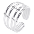 Detail view of silver multi-layer hollow geometric ring with adjustable open design - Silver
