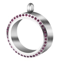 Pendentif médaillon rond en acier inox avec bordure en cristaux violets et verre - 30MM